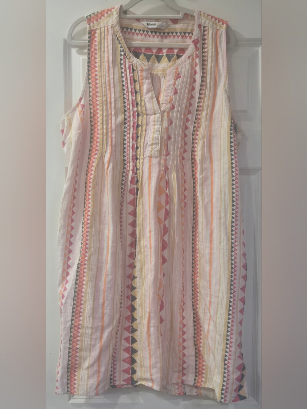 Sonoma Sleeveless Linen Blend Midi Dress in Pink and Yellow Stripes